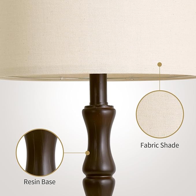BOBOMOMO 25" Classic Table Lamps Set of 2, Farmhouse Nightstand Lamps with Dark Brown Resin Base & Linen Shade, Standard Table Lamps for Bedroom, Living Room, Hallway & House Décor