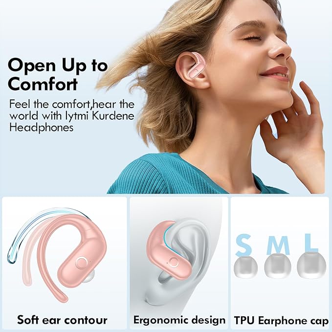 kurdene Wireless Earbuds Bluetooth Headphones Sport,Over Ear Buds with Deep Bass Sound,60Hrs Playtime Earphones Redesigned Comfort Fit with Earhooks for Running,Meeting,Workout-Pink