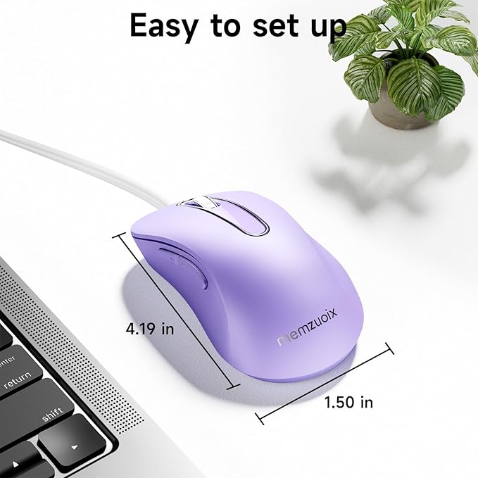 memzuoix Wired Mouse, USB Computer Mouse 1400 DPI Mobile Optical Mouse Ergonomic Design Computer Mice with 5FT Cord for Laptop, PC, Desktop, MacBook, 5 Buttons (Lilac)