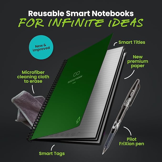 Rocketbook Core Reusable Smart Notebook, Lined Pages For School, Work and Creative Projects, Executive Size 6x8.8, Green - Premium