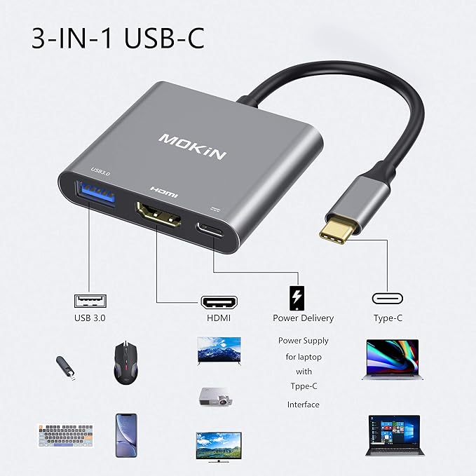 MOKiN USB C to HDMI Multiport Adapter, Type-C Hub Thunderbolt 3 to HDMI 4K Output USB 3.0 Port and USB-C Charging Port, Digital AV Adapter for MacBook Pro/air, Galaxy S8/S9