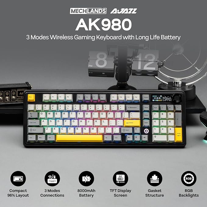 MechLands AJAZZ AK980 V2 Mechanical Gaming Keyboard with Display Screen, 10000mAh Battery, 98% Wireless Keyboard with BT/USB-C/2.4GHz, Hot Swappable, Linear Switch, Knob, RGB for Win/Mac (Black)