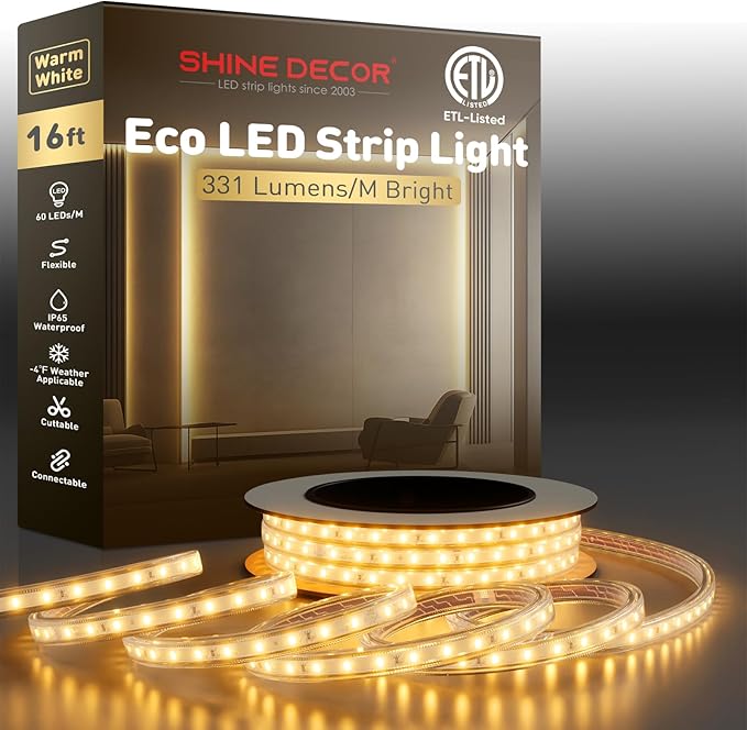Shine Decor LED Strip Light Easy Connectable, 2800K Warm White Cold Resist Weatherproof Plug-in for Indoor Outdoor, 101 LM/FT Dimmable Bright Eco Rope Lighting 16.4FT, 120V Whole Set ETL Listed