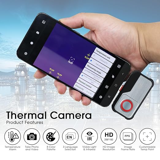 Thermal Camera for Type C Android, 256 x 192 IR High Resolution Thermal Imaging Camera with 8 Color Palettes, Temp Alarm for Electrical, Mechanical