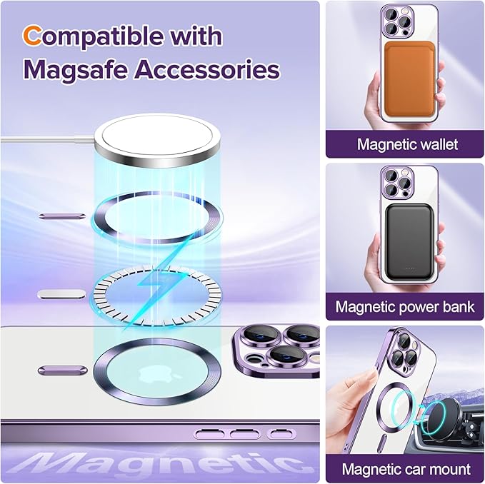 Hython Magnetic Clear for iPhone 15 Pro Case with Camera Lens Protector [Compatible with MagSafe] Luxury Plating Edge Slim Soft TPU Cover Protective Phone Case for iPhone 15 Pro 6.1", Deep Purple