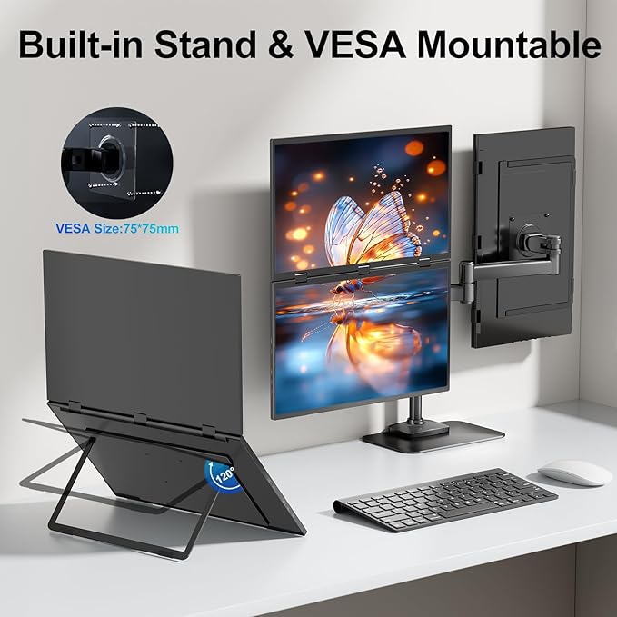 Dual Portable Monitor, 18.5" 1080P FHD IPS Folding Stacked Triple Laptop Screen Extender, USB-C Plug & Play Travel Extended Computer Display for Laptop PC Windows Mac w/Stand & VESA Mountable