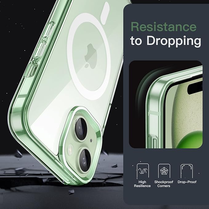 JETech Magnetic Case for iPhone 15 6.1-Inch Compatible with MagSafe Wireless Charging, Shockproof Phone Bumper Cover, Anti-Scratch Clear Back (Green)