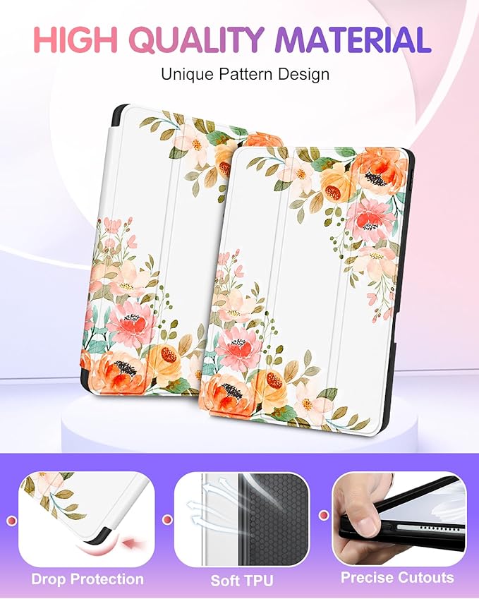 Uppuppy for iPad Air 11 inch Case, Air 5th/4th Generation 10.9, Pro 11'' (4th/3rd/2nd/1st Gen) Case Girls Cute Women Pencil Holder Flowers Design Folio Cover for iPad Air 11 2024/2025 (M2/M3)
