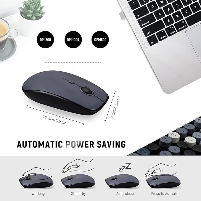 Wireless Keyboard and Mouse Combo, Retro Typewriter Style Round Key Keyboard, 2.4GHz Aesthetic Cute Bubble Full Size Keyboard with Number Pad for PC Computer Laptop Desktop–Black Grey Colorful