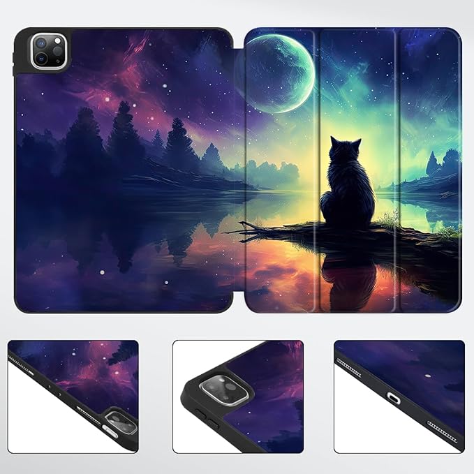 Tuiklo for iPad Pro 12.9 inch 6th / 5th / 4th / 3rd Generation 2022 2021 2020 2018 Release Case- Built in Pencil Holder Slim Protective Cover with Auto Wake/Sleep, Cat and Moon