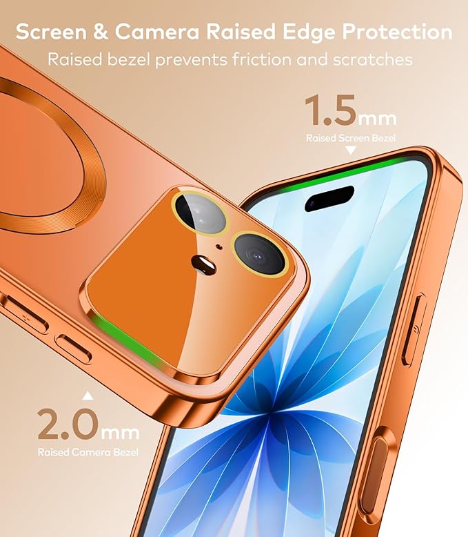 TOBOVON Magnetic for iPhone 17 Case with Ring Stand, Fits MagSafe, with Built-in Camera Lens Protector, Slim Electroplated Shockproof Phone Cover, Orange