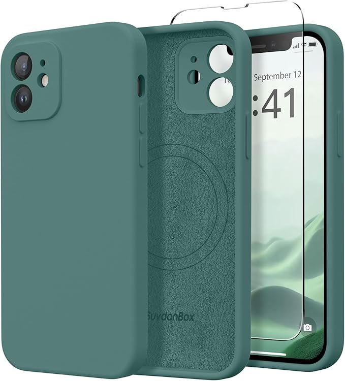 Magnetic for iPhone 12 Case, Compatible with MagSafe, [Full Camera Protection][Screen Protector] Silicone Shockproof Protective Phone Case for iPhone 12 6.1", Midnight Green