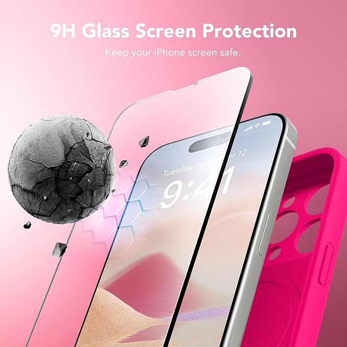 Magnetic for iPhone 14 Pro Case, Compatible with MagSafe, [Full Camera Protection][Screen Protector] Silicone Shockproof Protective Phone Case for iPhone 14 Pro 6.1", Hot Pink