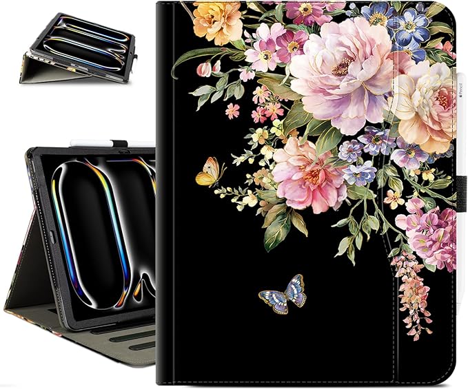Vimorco for iPad Pro 13 Inch Case, for iPad Air 13 Inch Case, Fit for iPad Pro 12.9 Cases 6th/5th/4th/3th Generation 5 Stand Angles/Typing Stand/Pencil Holder/Card Pockets, Black Flower Butterfly