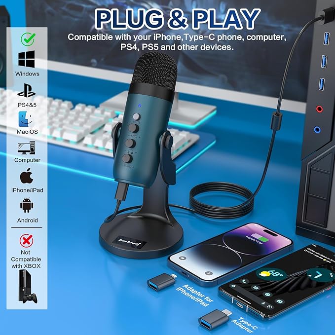 ZealSound USB Condenser Microphone,Computer PC Gaming Mic,Plug&Play Microphones for PS 4&5.Monitor Adjust&Volume Control,Mic Gain Control,Mute Button for TikTok,YouTube Podcast on Mac&Windows(Teal)