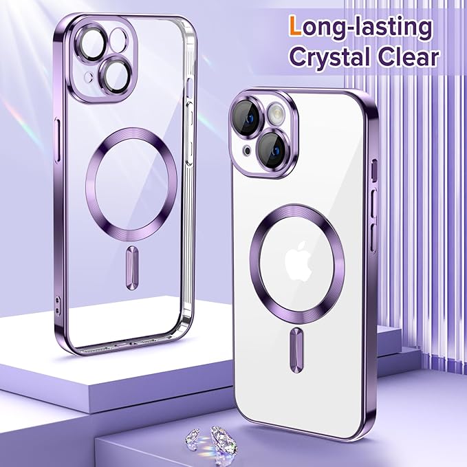 Hython Magnetic Clear for iPhone 14 Plus Case with Camera Lens Protector [Compatible with MagSafe] Luxury Plating Edge Slim Soft TPU Cover Protective Phone Case for iPhone 14 Plus 6.7", Deep Purple