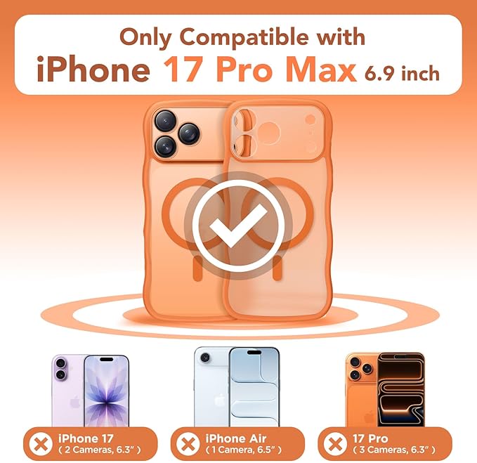 CAPRARO Magnetic for iPhone 17 Pro Max Case for Women Girls, Upgraded [Full Camera Protection] [Compatible with MagSafe] Cute Wave Translucent Matte Phone Case for iPhone 17 Pro Max, Clear Orange