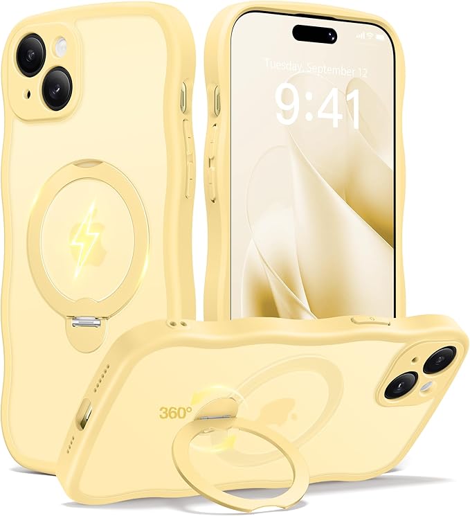 CAPRARO for iPhone 15 Case with 360° Spin Magnetic Stand for Women, [Compatible with MagSafe] [Full Camera Protection] Cute Wave Translucent Matte Case for iPhone 15, Jasmine Yellow