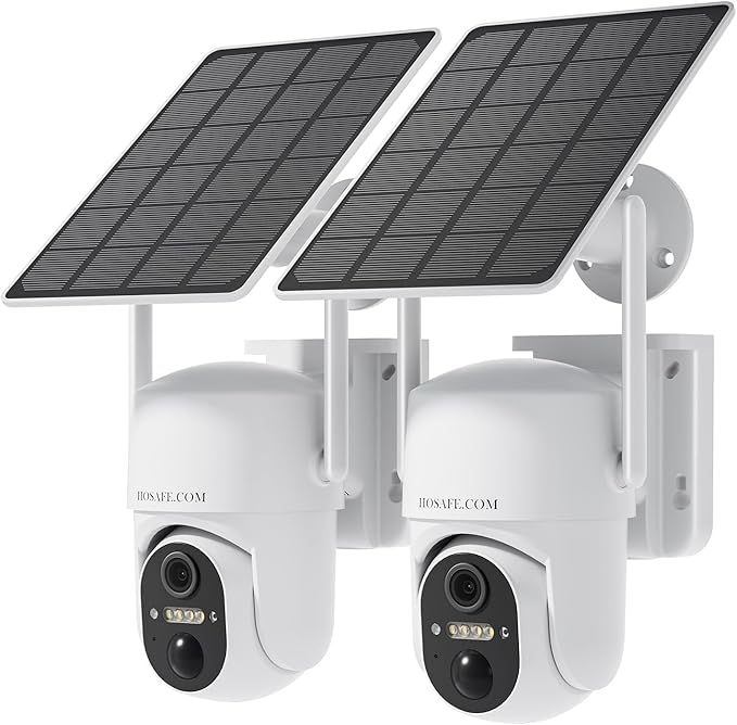 HOSAFE.COM Home Security Cameras Wireless Outdoor, 2K Outdoor Camera Wireless WiFi, 360 Camera Solar Powered, PTZ, PIR Sensor, Free Cloud Storage(Need Apply), 2-Way Talk, IP66 Waterproof, 2 Pack