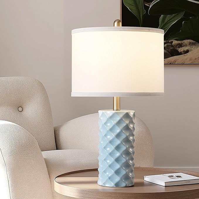 Sky Blue & Star Diamond Ceramic Table Lamps (Set of 2) - 23" Luxe Modern Bedside Lamps for Nightstand,bedrooms, Living Rooms, or entryways & Rotary Switch,No Bulbs