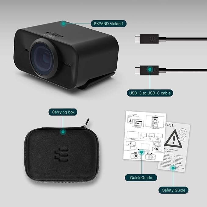 EPOS Expand Vision 1, 4k USB Webcam Microsoft Teams and Zoom Certified with Noise Canceling Microphone, Easy Setup, Portable for PC and Meetings, HD Video, Webcam for Video Conferencing and Business