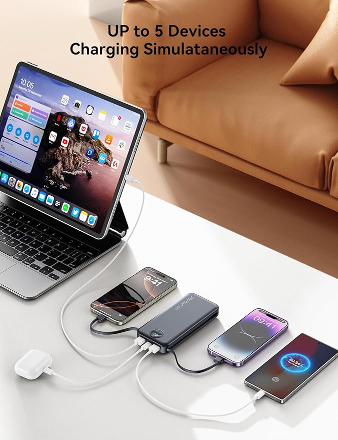10000mAh Ultra-Portable-Charger-Power-Bank with Built in Cables&AC Wall Plug, PD20W USB-C Fast Charging Cell Phone Charger Battery Pack,LED Display Travel Battery Bank for All iPhone,Samsung,Android