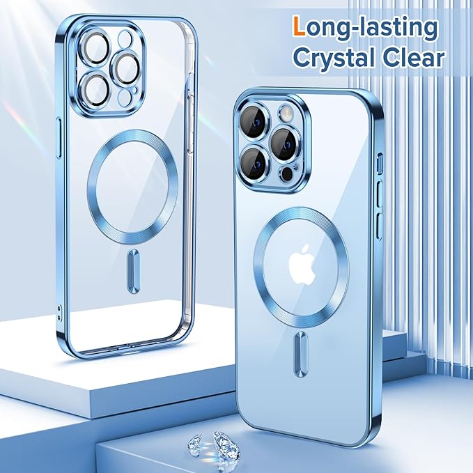 Hython Magnetic Clear for iPhone 13 Pro Case with Camera Lens Protector [Compatible with MagSafe] Luxury Plating Edge Slim Soft TPU Cover Protective Phone Case for iPhone 13 Pro 6.1", Light Blue
