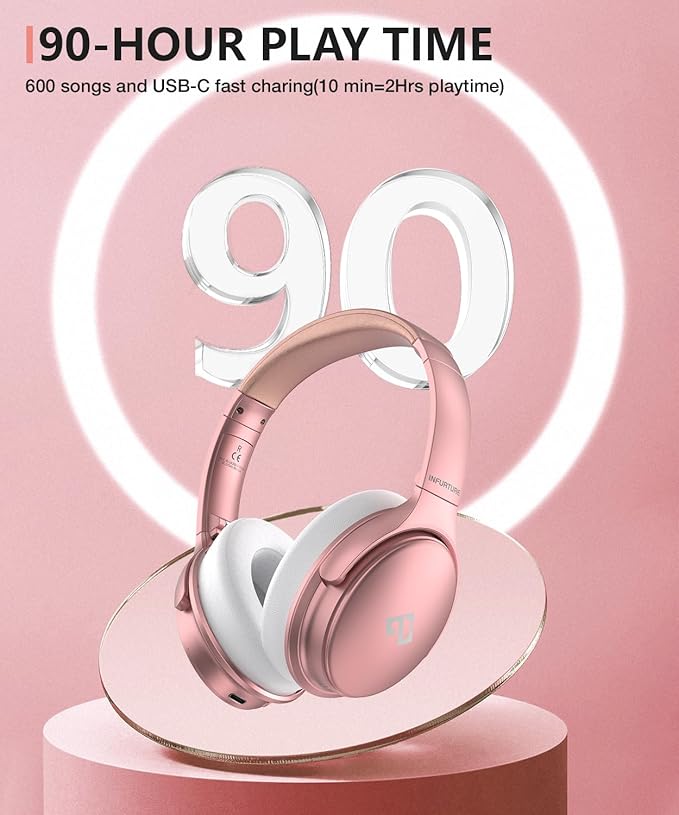 INFURTURE Pink Headphones Over Ear Headphones Active Noise Cancelling Bluetooth Headphones, Deep Bass Headset, Low Latency, 90H Playtime, Foldable Headphone for Sport Running Cool Gadgets Gift-H1