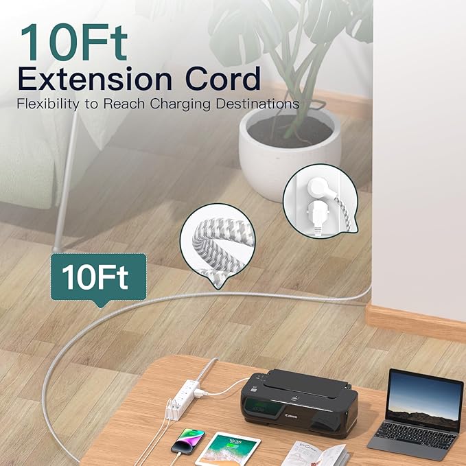 Surge Protector Power Strip - 10 FT Extension Cord, Power Strip with 12 Widely AC Outlet 4 USB, Flat Plug Wall Mount Overload Protection, 1050J, Desk Charging Station for Home Office, ETL Listed,White