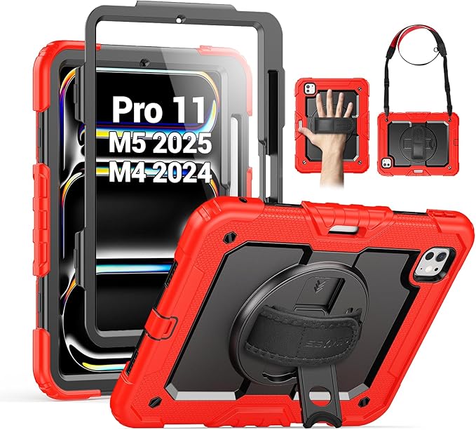 SEYMAC for iPad Pro 11 Inch Case M5 2025 / M4 2024, Heavy Duty Shockproof Protective Case with Screen Protector, 360° Rotating Stand, Hand/Shoulder Strap and Pen Holder, Red