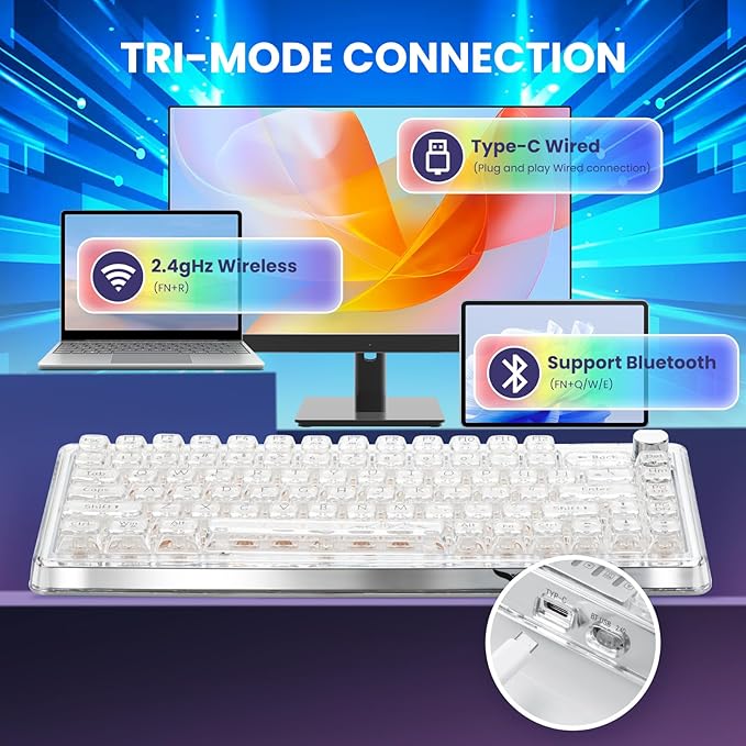 MY-V82 75% Tri-Mode Wireless Mechanical Gaming Keyboard, Bluetooth 5.0/2.4GHz/USB-C，Keyboard with Knob， RGB Backlit, Hot-Swappable, Electroplated Metal Case, for Win/Mac Gamers