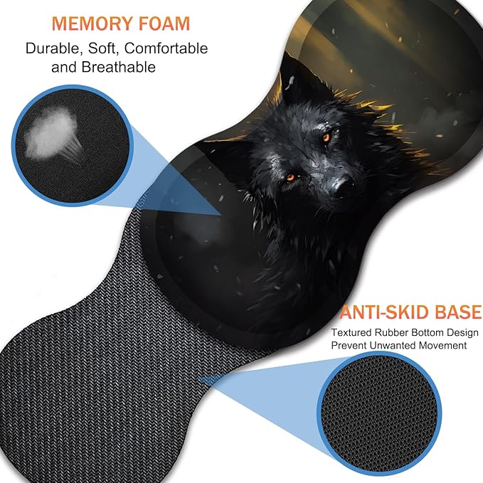 Extended Non-Slip Mouse Pad + Mouse Wrist Rest + Lace-Shaped Coaster Set, Ergonomic Design, Suitable for Desk and Home Gaming Table Mat, Black Wolf
