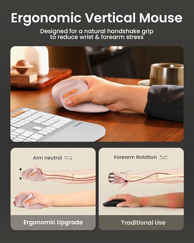 ProtoArc Ergonomic Mouse, EM11 NL Bluetooth Rechargeable Wireless Vertical Mouse, 3 Multi-Device Connectivity for Computer/PC/Laptop, 2.4GHz USB-A Optical Mice for Windows, Mac OS, Pink