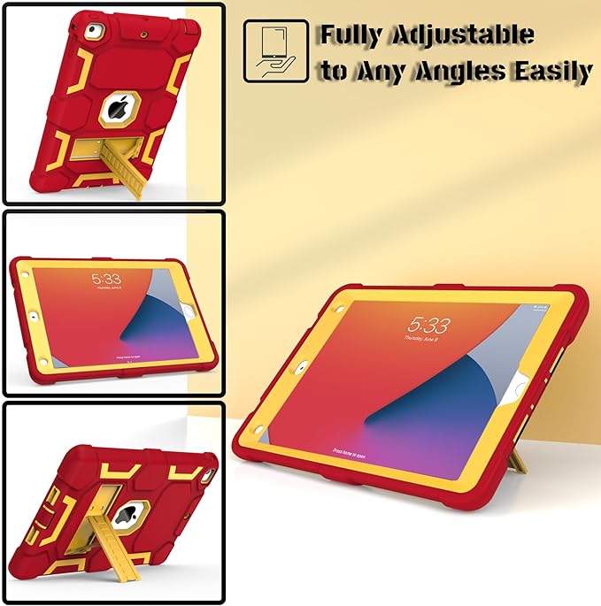 CCMAO for iPad 6th/ 5th Generation Case 2018/2017, iPad Air 2 Case 2014, iPad 9.7 '' Case, Heavy Duty Shockproof Rugged Protective iPad 5 6 Gen Cover with Kickstand, Red+Gold