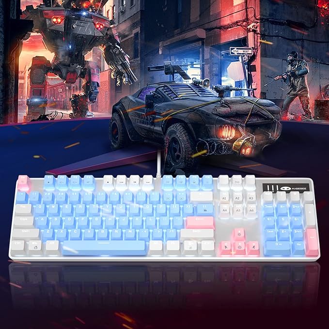 MageGee Mechanical Gaming Keyboard, 104 Keys White Backlit Mechanical Keyboards with Red Switches & Double-Shot Keycaps, Wired Ergonomic Computer Keyboard for Desktop, PC Gamers (White & Blue)