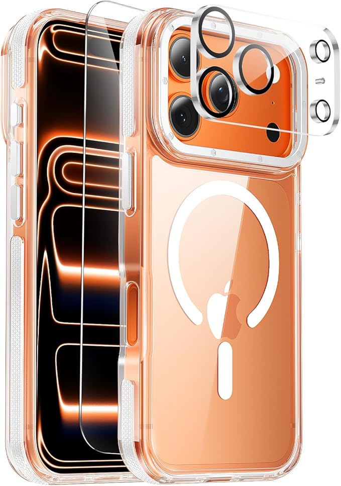 Anti-Yellowing Strong Magnetic for iPhone 17 Pro Case with Screen Protector*1 Camera Lens Protector*1,Fits MagSafe,[12FT Military Grade Drop] Slim Thin iPhone 17 Pro Cover 6.3 Inch, Clear White