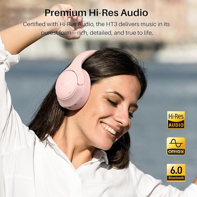 TOZO HT3 Hybrid Noise Cancelling Headphones, 90H Battery Life Wireless Over Ear Bluetooth 6.0 Foldable Headset, AI Voice Assistant with 5 Mics, Connect 2 Devices and Hi-Res Sound, 32 EQ Audio Presets