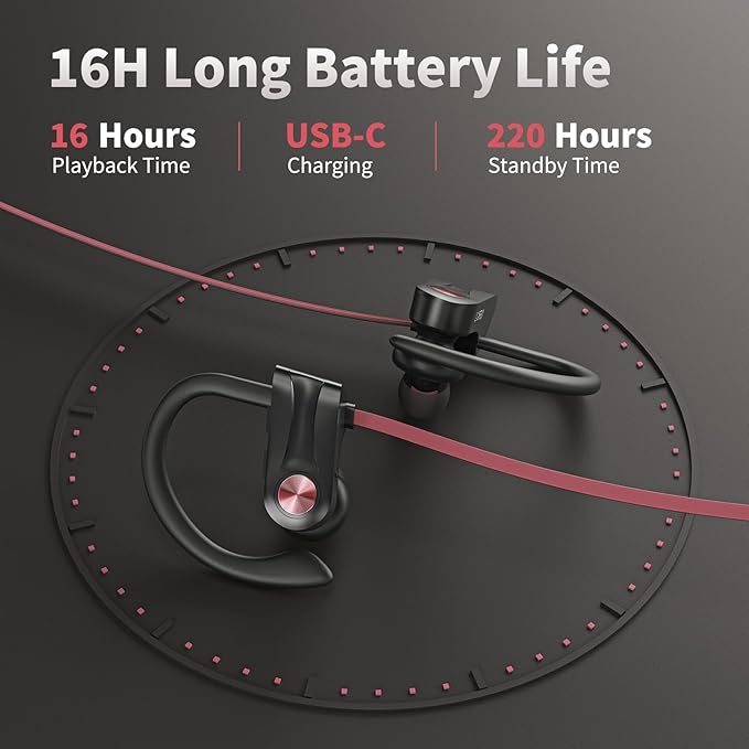 JOYWISE Wireless Bluetooth 5.3 Wireless Headphones with 16Hrs Long Playtime Stereo IPX7 Waterproof in-Ear Earphones, Noise Cancelling Headphones for Running, Black&Pink