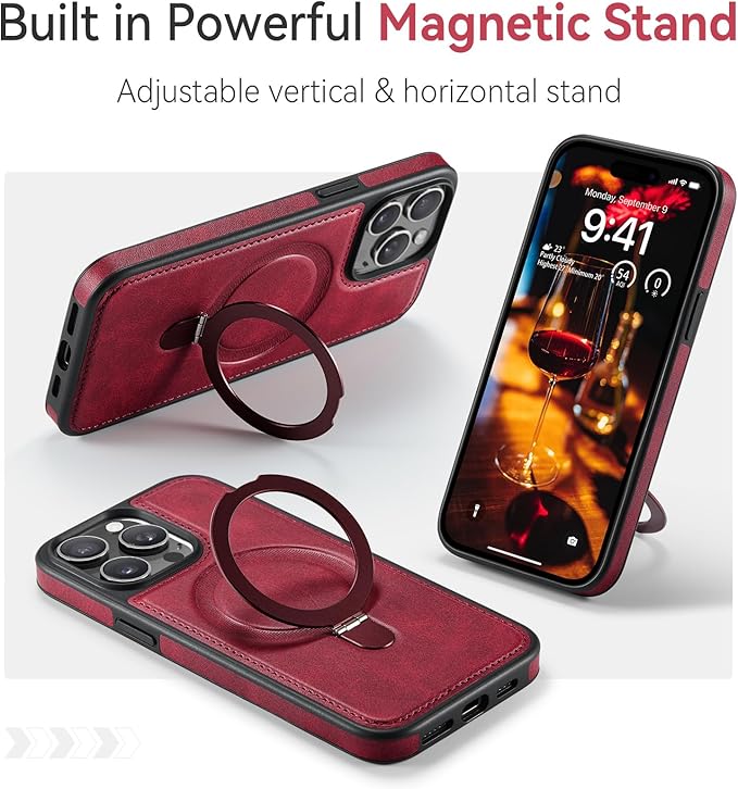 Compatible with iPhone 15 Pro Max Case with Stand, Compatible with MagSafe, Slim PU Leather & Durable TPU Protective Cover Drop-Proof with Tempered Glass Screen Protector 6.7", Red