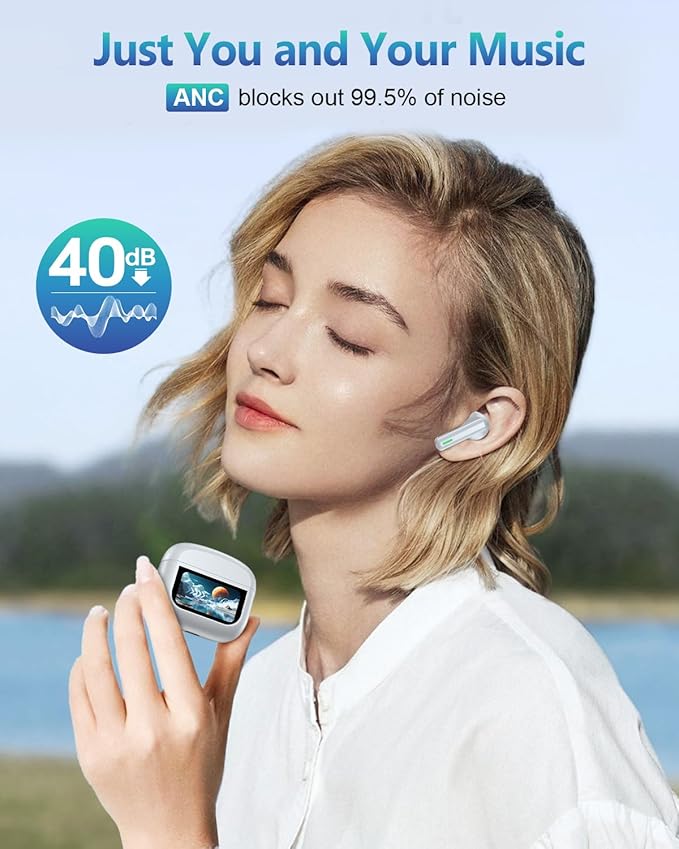 Wireless Earbuds Bluetooth Headphones, ANC/ENC Noise Cancelling, Ear Buds with Multifuntional Touch Screen, 40H Stereo Sound for Sports, IPX7 Clear Calls, 5 EQ for iOS Android (Light Gray)