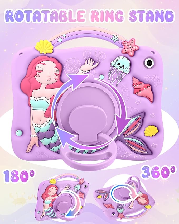 Boaretiu for Galaxy Tab A9 Plus Case - Cute Cartoon Mermaids Soft 3D Silicone for Samsung A9 Plus Tablet Case with Strap & Rotating Stand Girls Teens Tab A9+ 11 Inch Tablet Cover