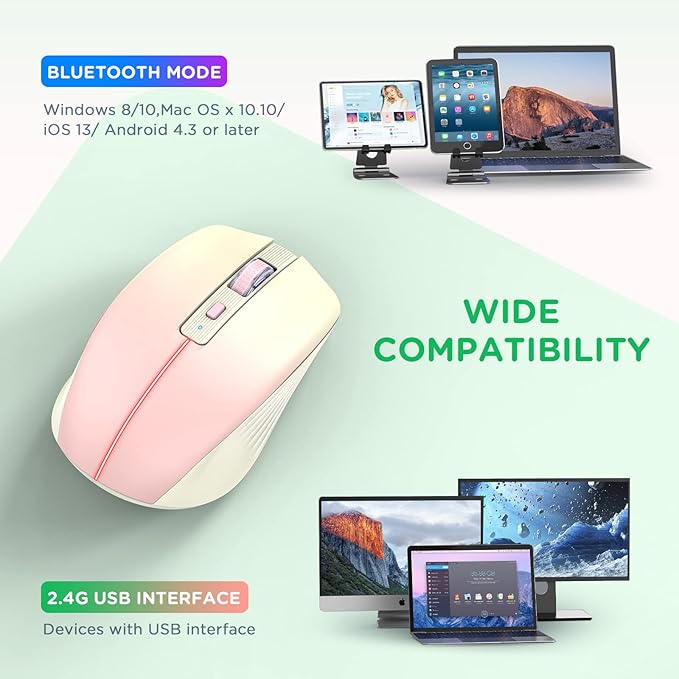 RAPIQUE Bluetooth Wireless Mouse, Rechargeable Multi-Device Computer Mice (Tri-Mode: BT1/BT2+2.4Ghz) with USB Receiver, Ergonomic Portable Mouse for Laptop, MacBook, PC, iMac, iPad(Khaki to Pink)