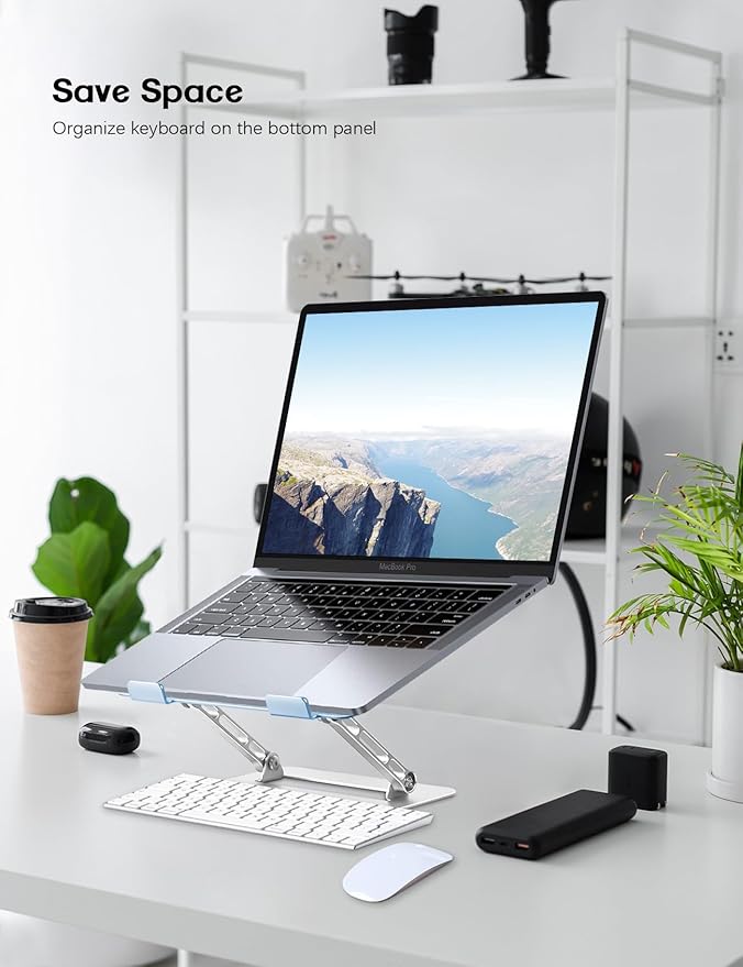 Aoviho Adjustable Laptop Stand for Desk,Portable Laptop Stand Holder and Riser,Foldable Aluminum Notebook Computer Stands for MacBook Air Pro HP Lenovo Dell Samsung, 10-15.6 inch (Sky Blue-Silver)