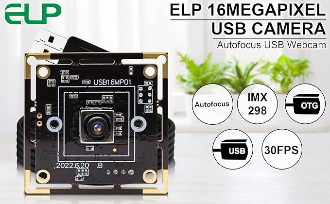 ELP 16MP Autofocus USB Camera Module - 4K UVC USB2.0 With 68-Degree Mini Size Lens IMX298 for Computer, Laptop, PC - Video Lightburn Industrial Embedded Webcam Board