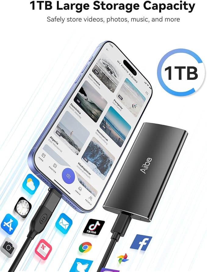 Aiibe 1TB External SSD USB C Portable SSD USB 3.2 Gen 2, Up to 1050MB/s, External Solid State Drive 1TB External Hard Drive for iPhone 17/16/15, Laptop (Black)