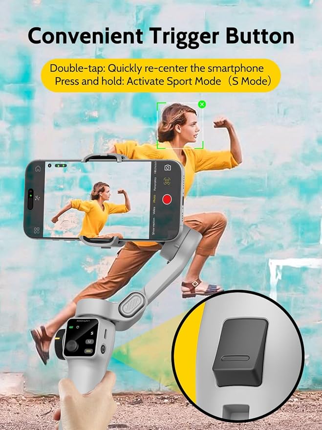 AOCHUAN Cellphone Gimbal for Video Recording w/AI Tracking,3 -axis Vlogging Gimbal stabilizer for iPhone w/OLED Display, Smartphone Holder w/7.8' Extension Rod, Trigger Button Smart V8(White)