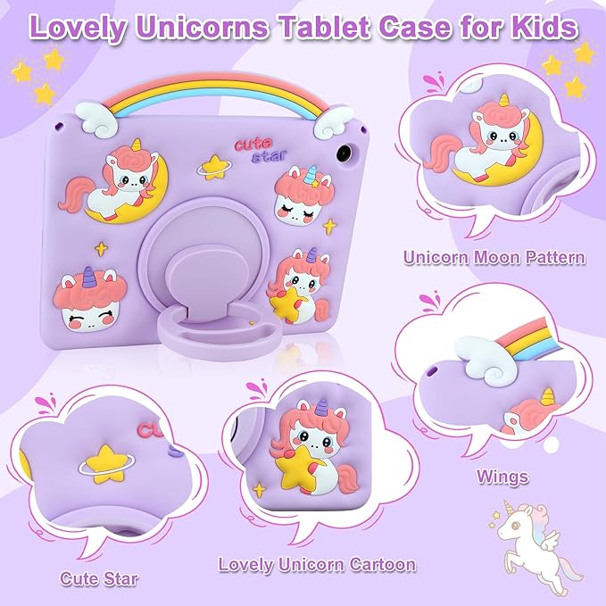 HianDier for Samsung Galaxy Tab A9 Plus Case Kids Girls Cute Unicorn for Galaxy A9+ Plus Tablet Case with Rainbow Handle and Detachable Lanyard Rotatable Kickstand Shockproof Protective Case-Purple
