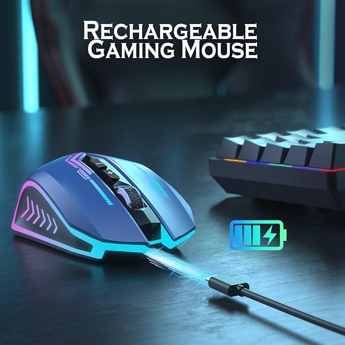 UHURU Gaming Mouse, Wireless Gaming Mouse with 7 Buttons 7 Changeable LED Color up to 12000 DPI, Rechargeable USB Gamer Mouse for PC Laptop (Blue)