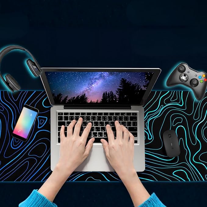 Topographic Large Mouse Pad (31.5x11.8 Inch), Aesthetic Desk Mat with Stitched Edges, Waterproof Non-Slip Keyboard Pad for Office & Home, Blue Line Art Desk Decor