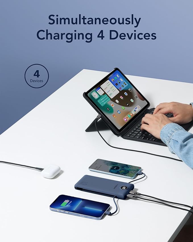VEGER Portable Charger with Built-in AC Plug and Cables, All in One 10000mAh Ultra Slim Power Bank Travel Essentials, Fast Charging Battery Pack Compatible with iPhone, Samsung, Android (Navy)